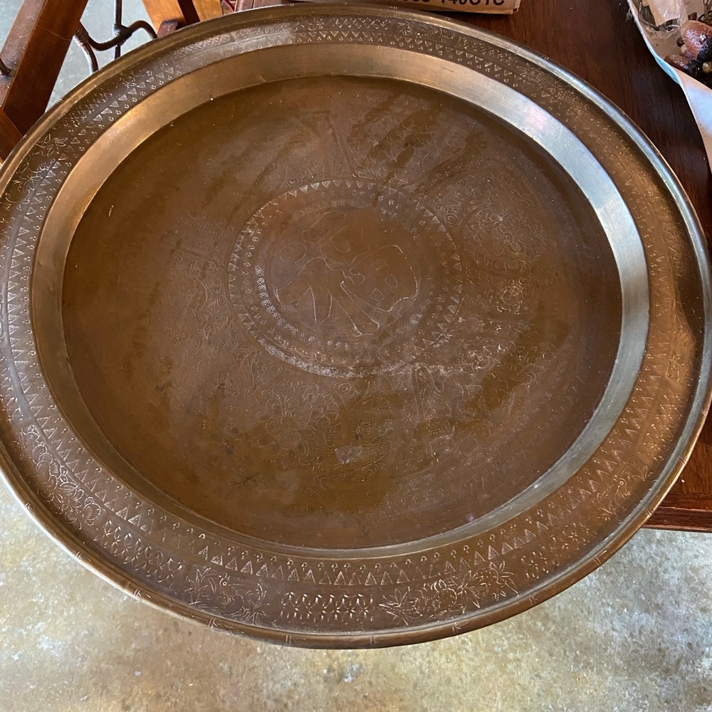 Vintage Made in Hong Kong engraved brass tray animals & bamboo 22”, Asian decor